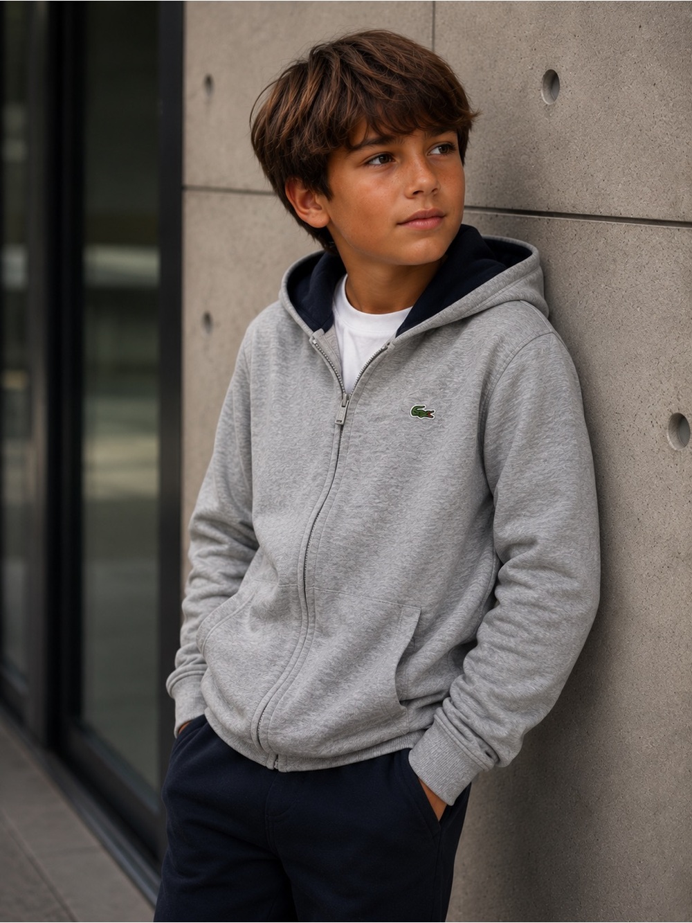 Boys' Lacoste Grey Zip Hoodie - Lightweight Cotton Blend size 12